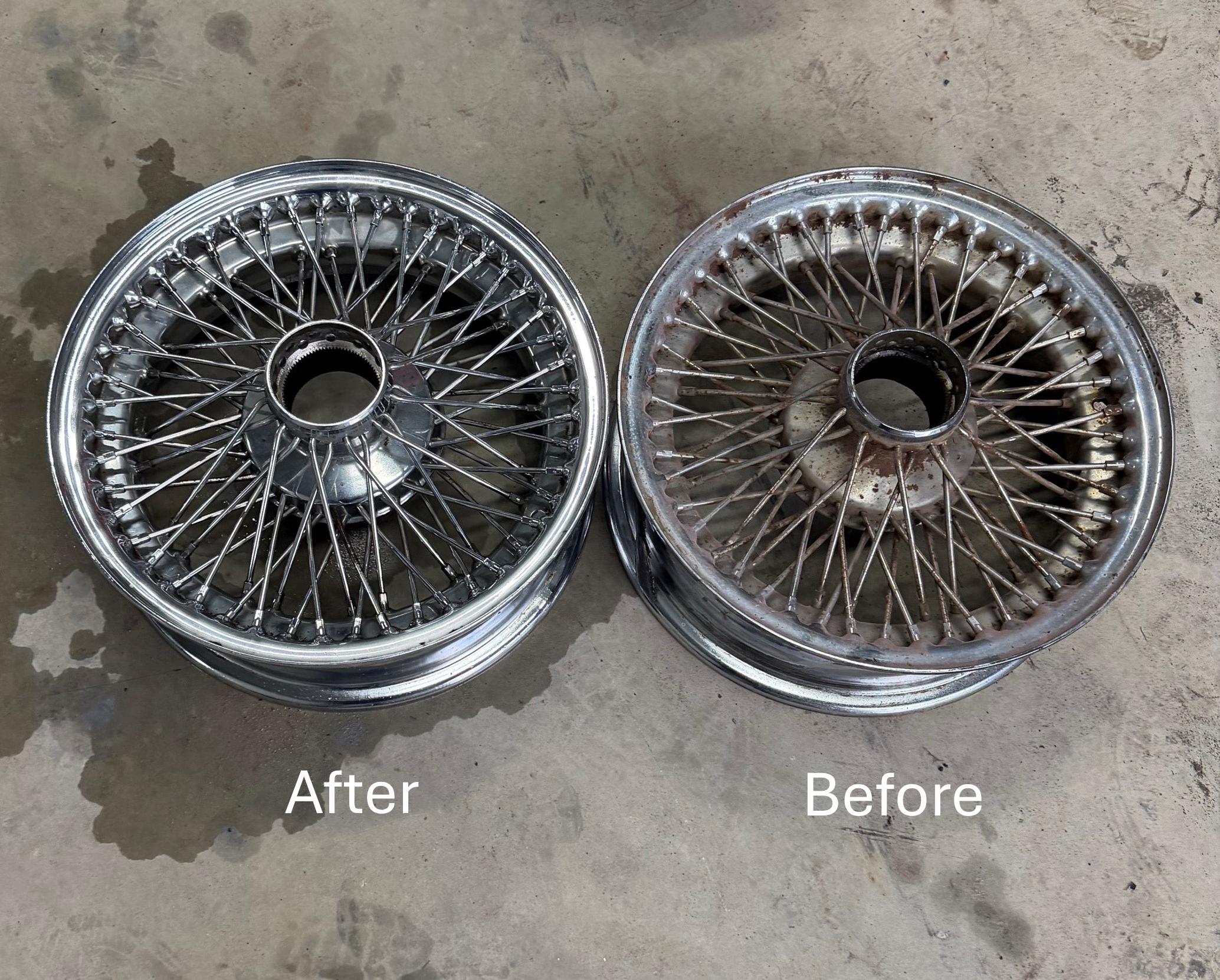 Comparison between before and after a car rim is chemically stripped